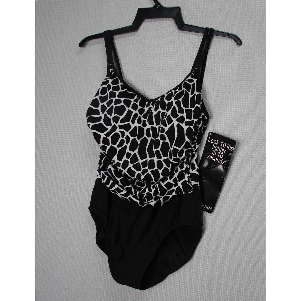 New Miraclesuit Black White Giraffe Print One Piece Swimsuit Tummy Control Sz 10